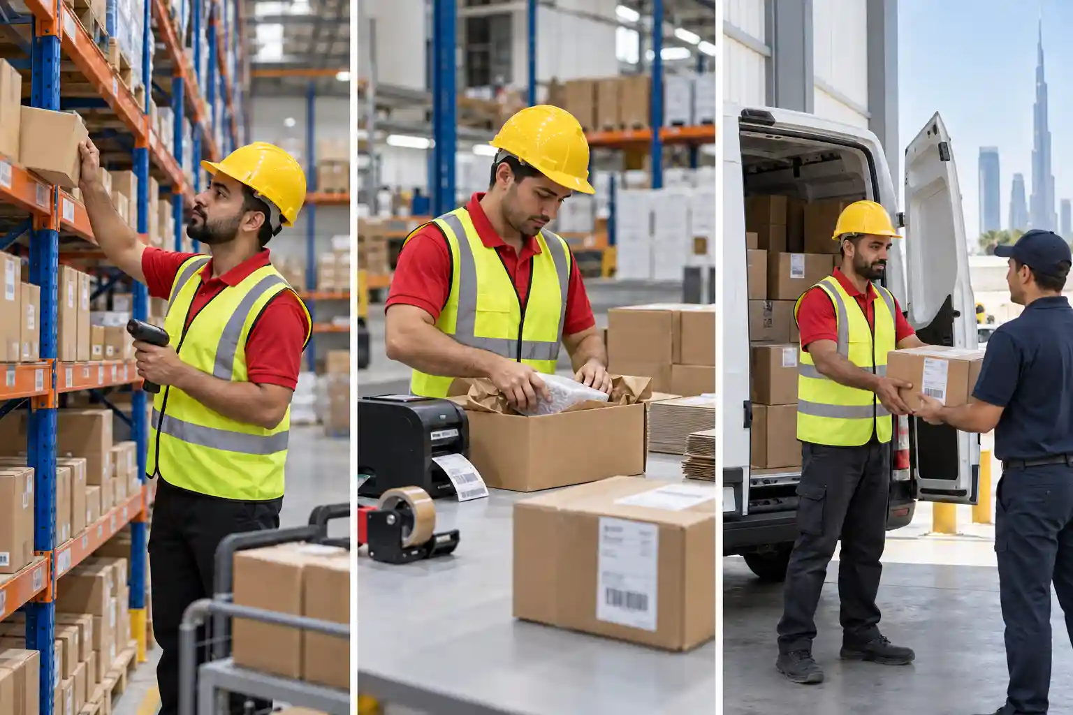 Pick, pack and dispatch: picking from racking, packing and labelling, and handing over for delivery