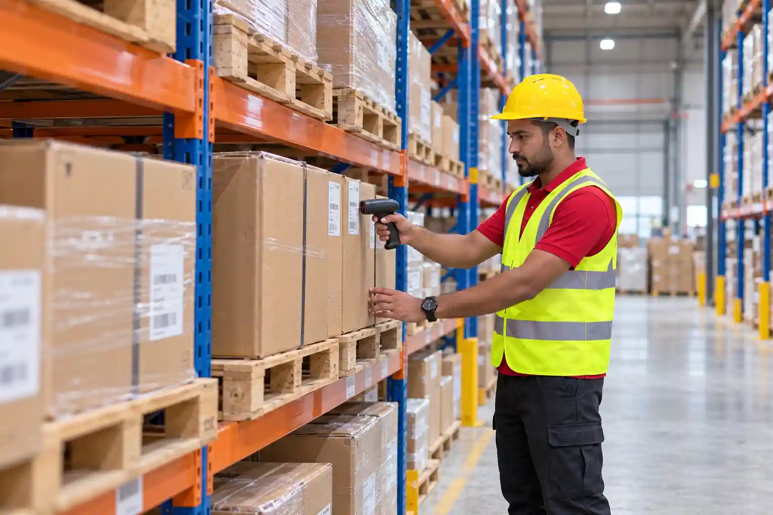 Warehouse team member scanning carton barcodes in a racking aisle