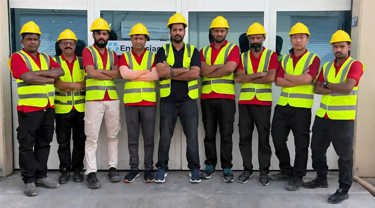 The Enthusiasm warehouse team at the entrance of the Al Quoz warehouse